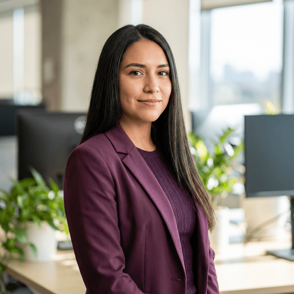 Female operations manager in her mid 30s, Hispanic, professional and efficient, in a small office setting