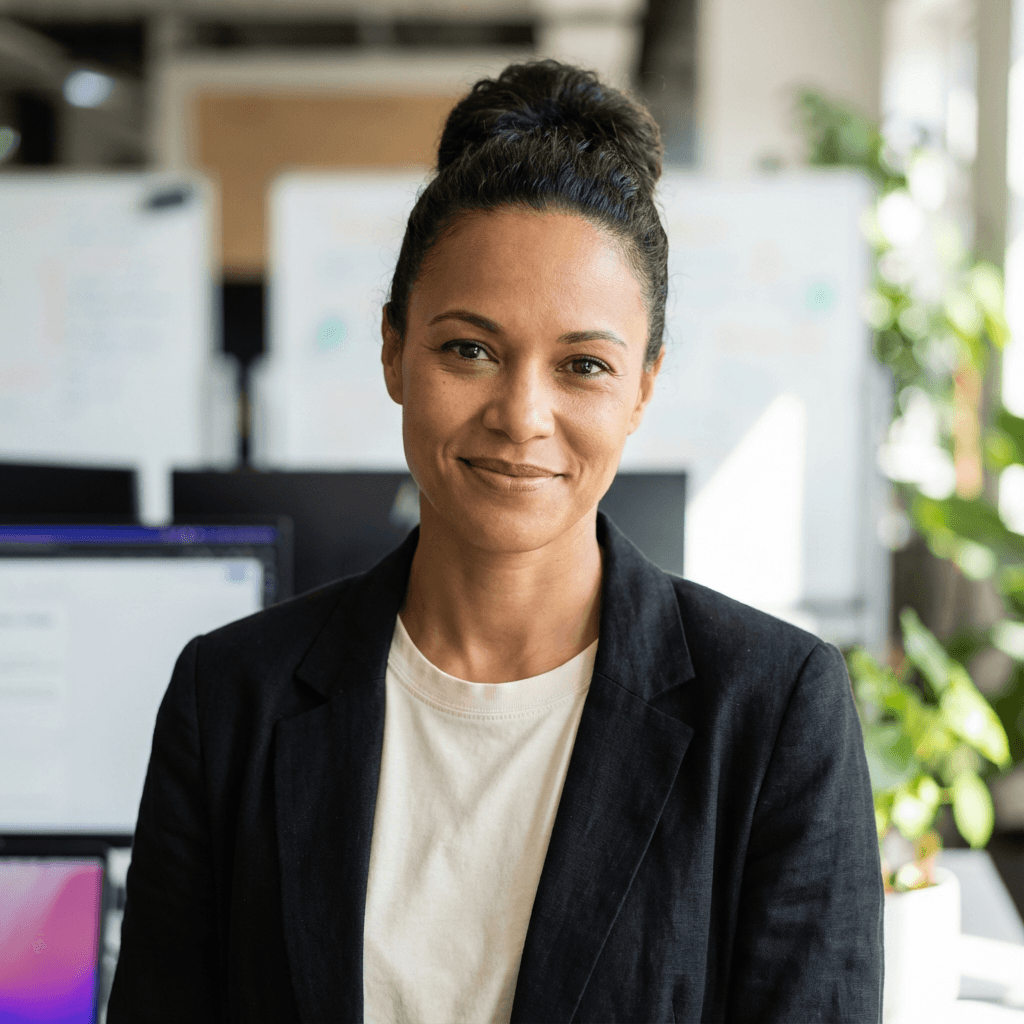 Female operations lead in her 40s, Hispanic, confident and practical in casual work wear