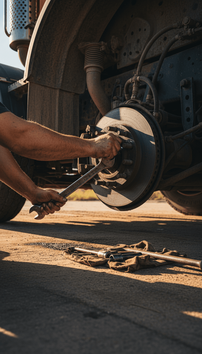 Mobile diesel mechanic working on a truck brake on-site in Asherton