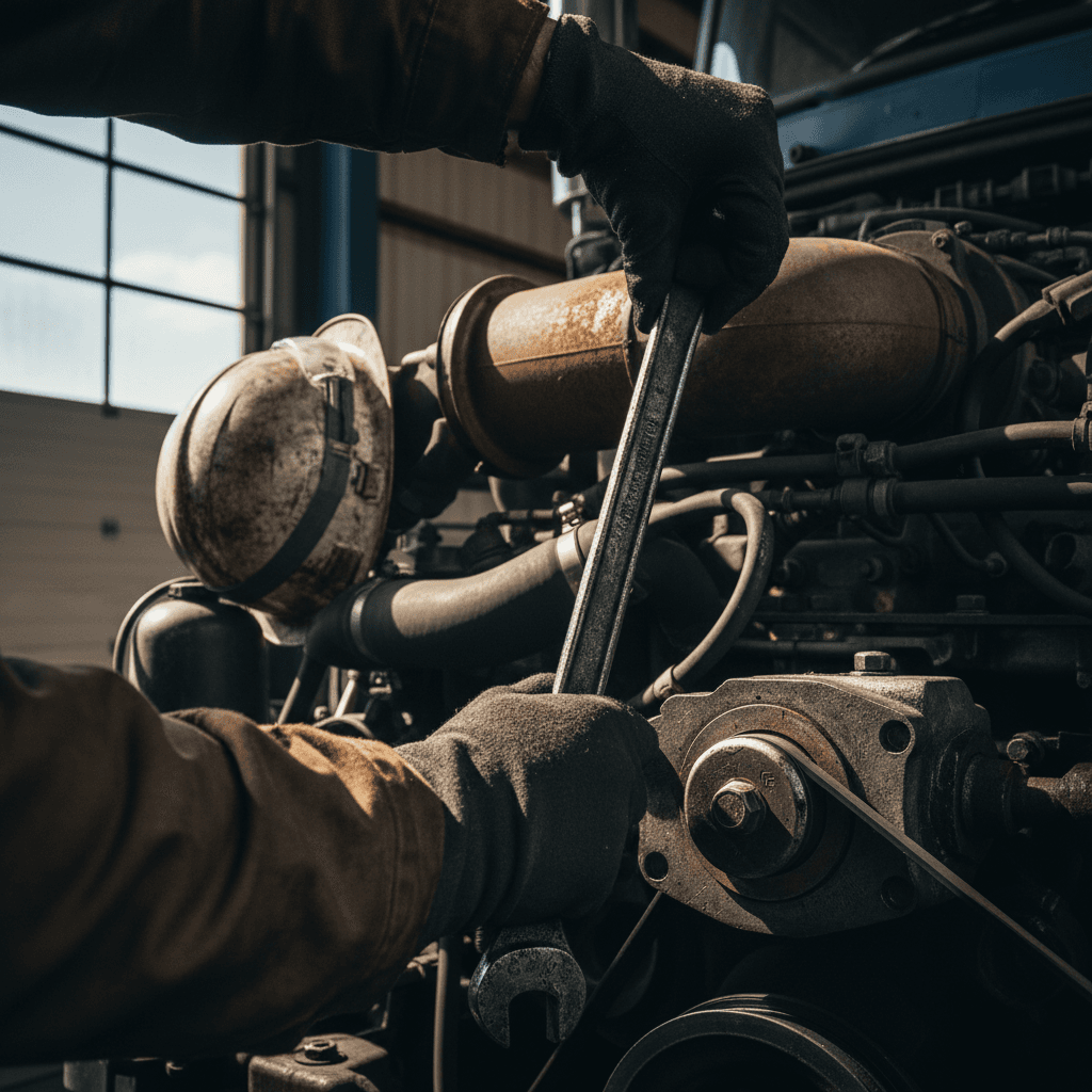 Mechanic inspecting a heavy-duty truck engine