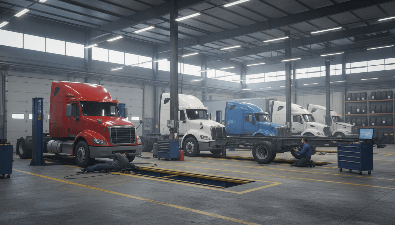 Mobile mechanic working on a truck at a business location