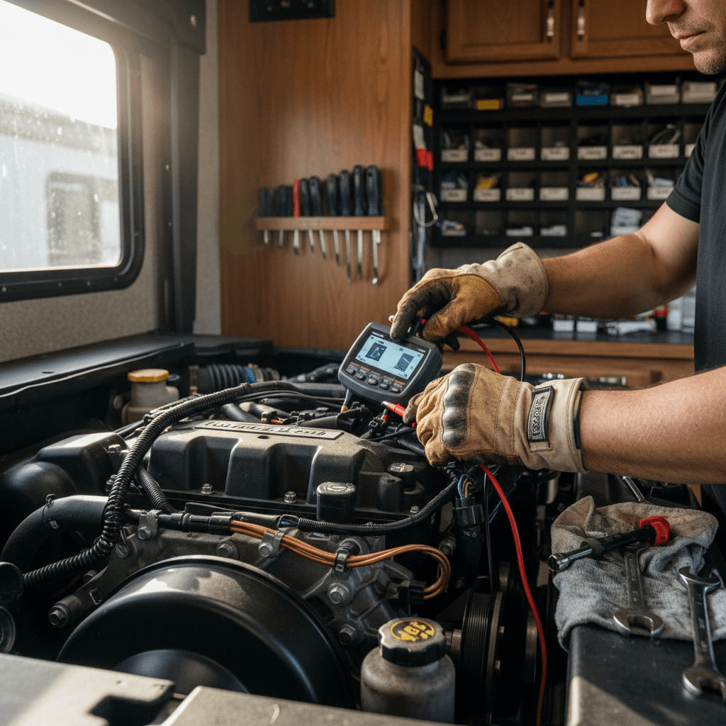 Mobile mechanic van at a job site with a heavy-duty truck