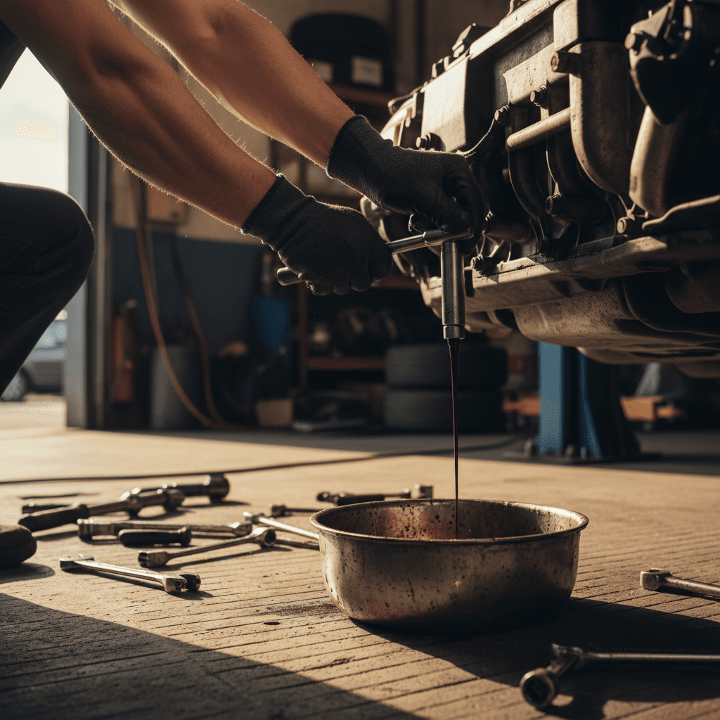 Mechanic performing an oil change on-site