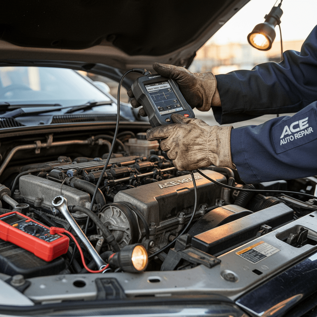 Mobile mechanic reading fault codes on a heavy-duty truck