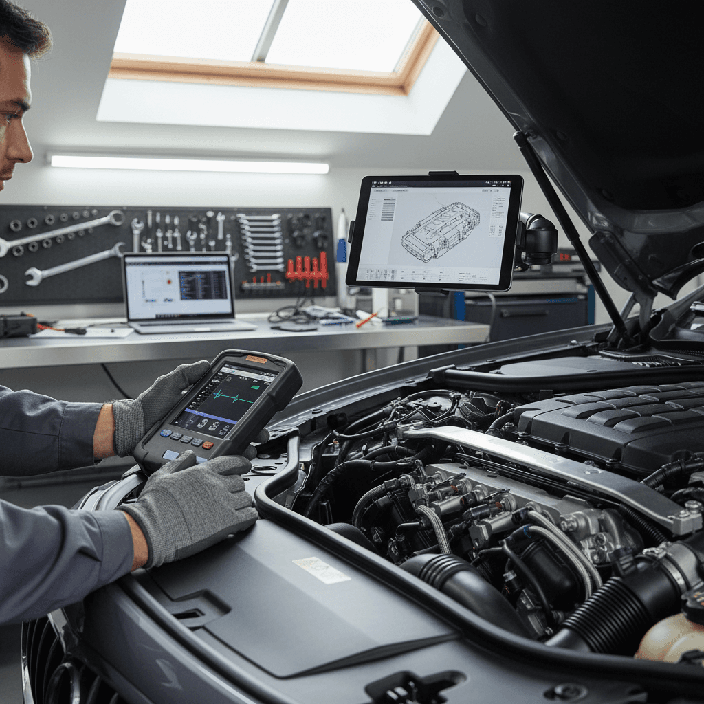 Mechanic diagnosing a check engine light