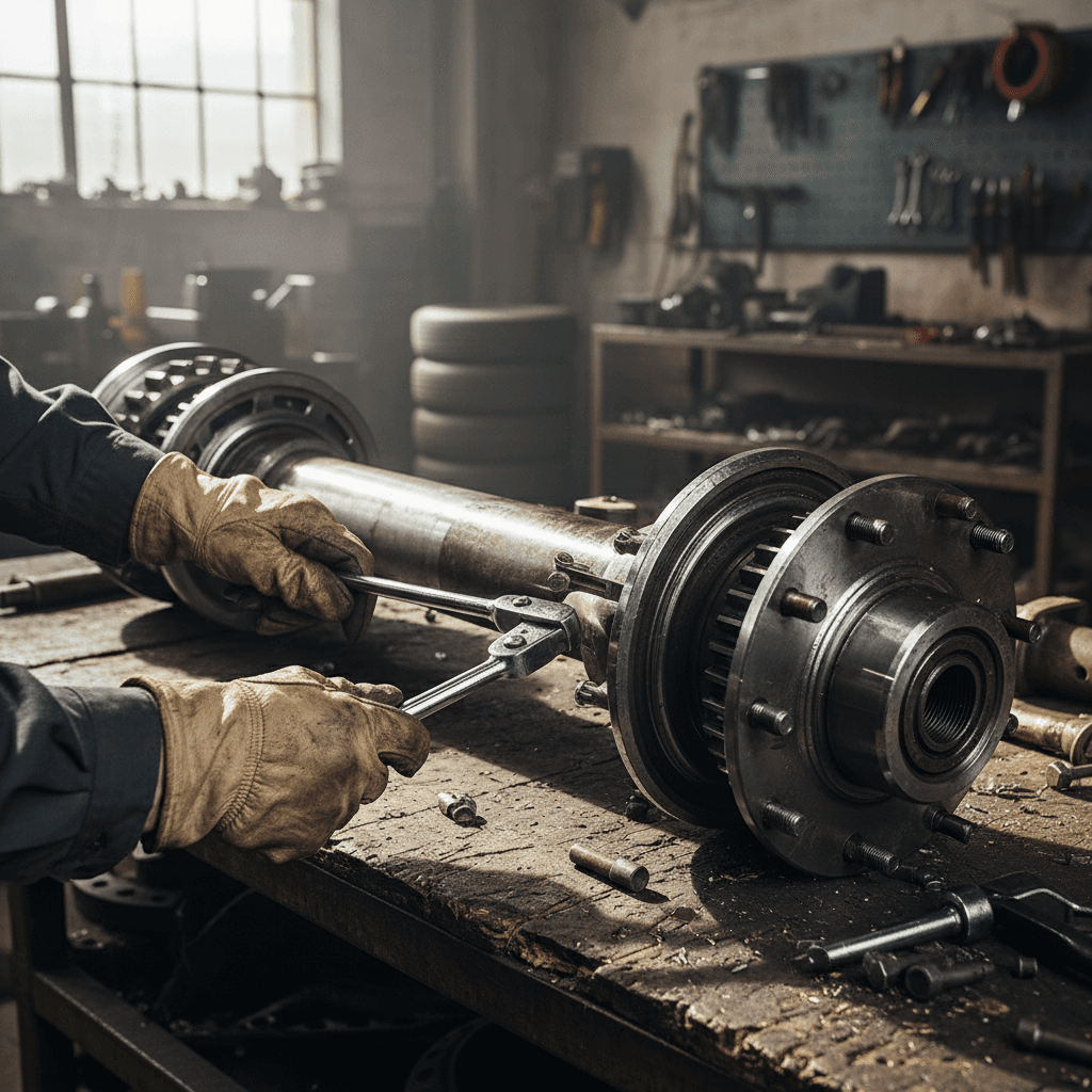 Mechanic's hands tightening a bolt on a heavy-duty truck axle on-site